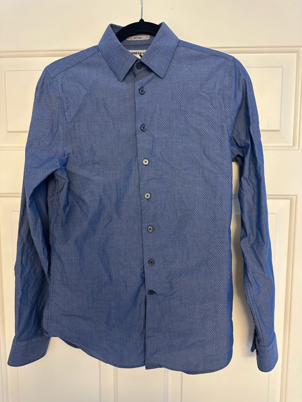 Express Men's Blue Fitted Patterned Button-Up Dress Shirt